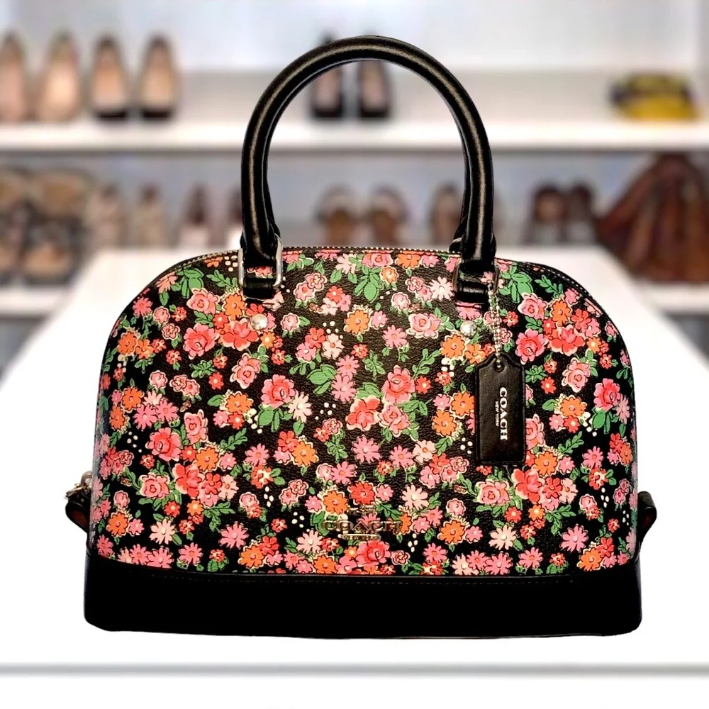 COACH Sierra Posey Cluster Floral Coated Canvas Satchel Bag Black/Pink  Wallet - Picture 2 of 12